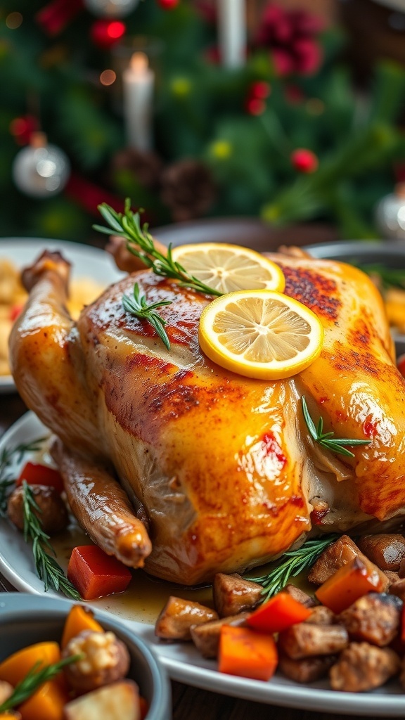 A festive roast chicken garnished with rosemary and lemon, served on a decorated holiday table.